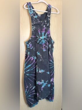 Women’s Dark Grey with Teal and Purple Tie Dye Overall/ Harem Pants/ Dress